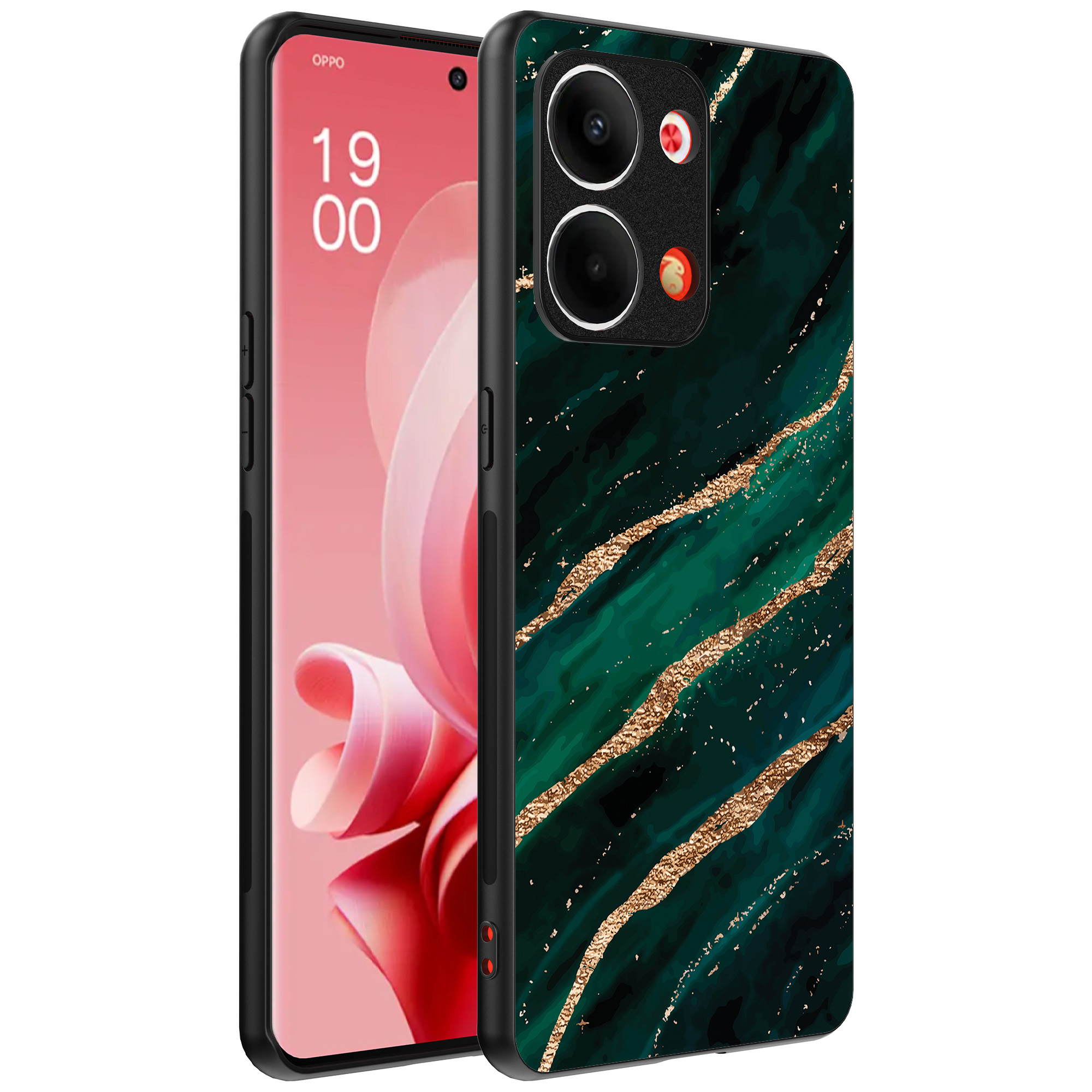 Oppo Reno 9 telefoonhoesje met groen goud marmer opdruk (1)