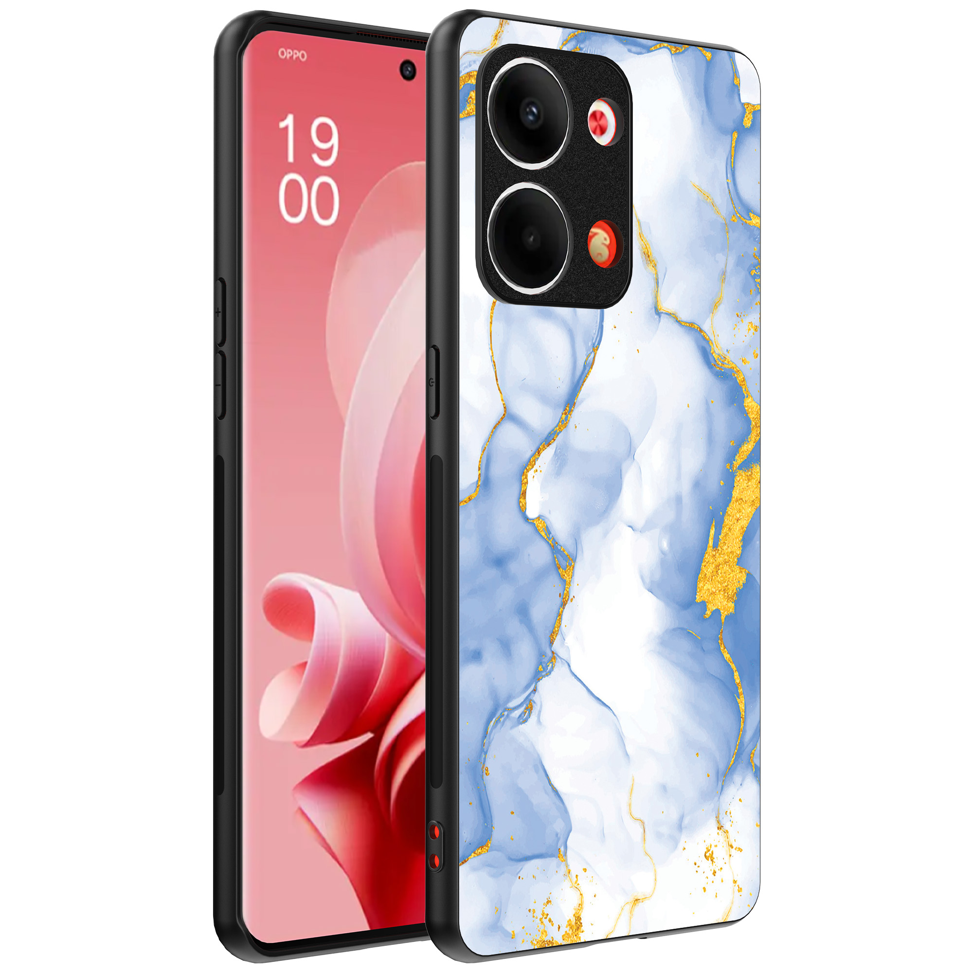 Oppo Reno 9 telefoonhoesje met lichtblauw goud marmer opdruk (1)