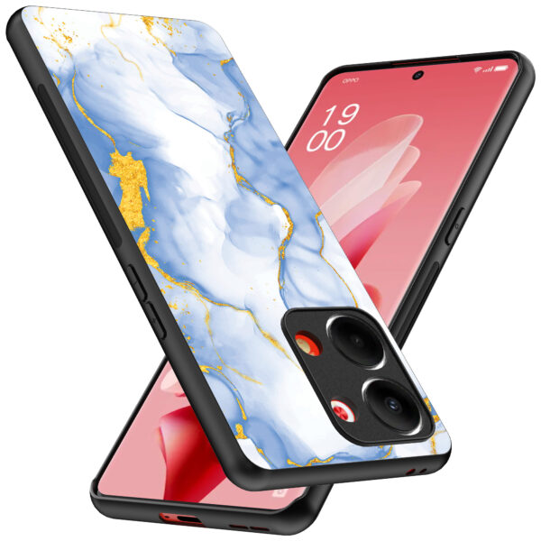 Oppo Reno 9 telefoonhoesje met lichtblauw goud marmer opdruk (2)