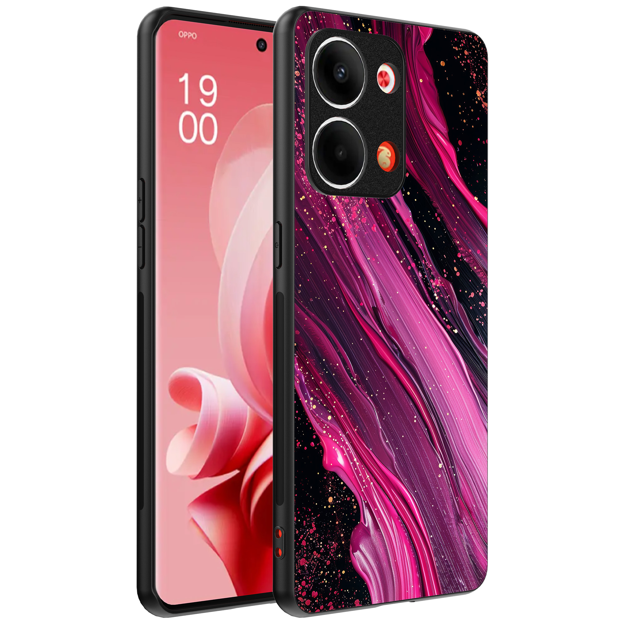 Oppo Reno 9 telefoonhoesje met paars roze marmer opdruk (1)