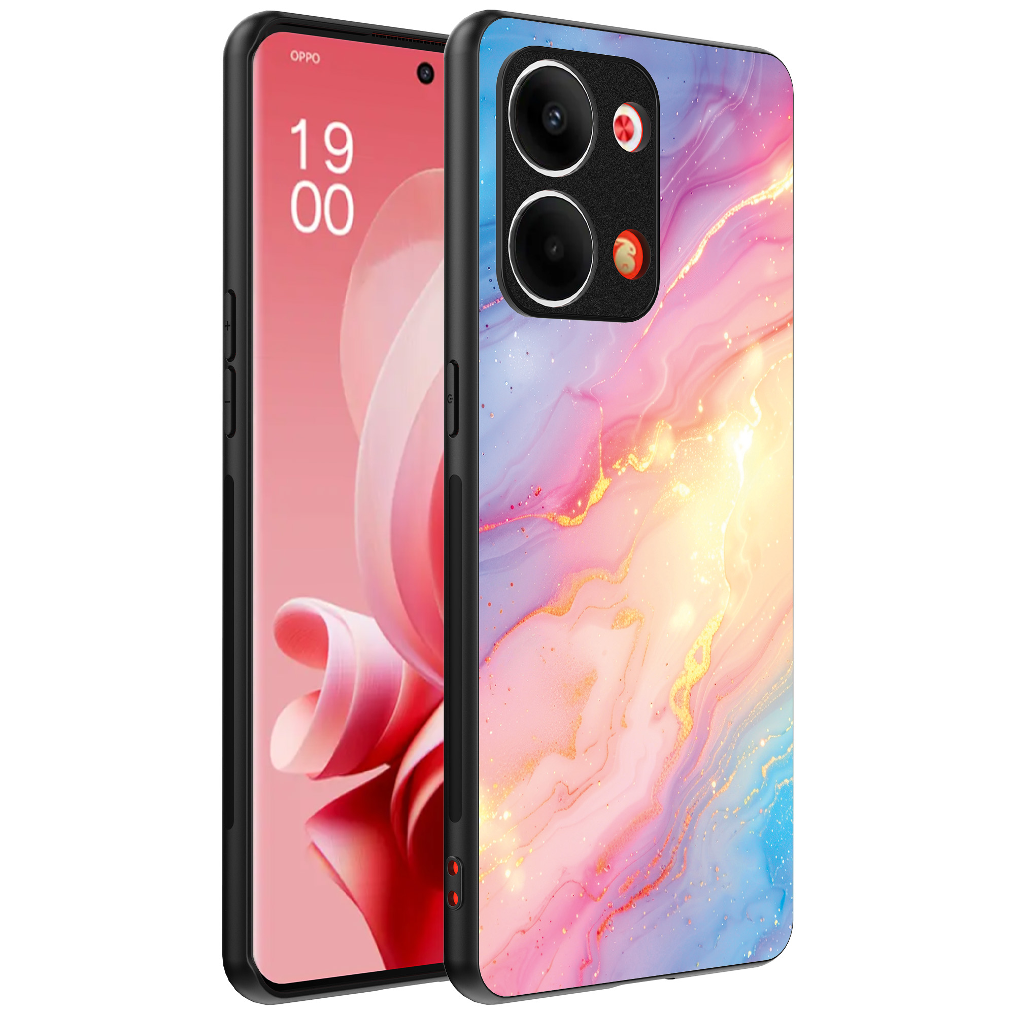 Oppo Reno 9 telefoonhoesje met regenboog glitter marmer opdruk (1)