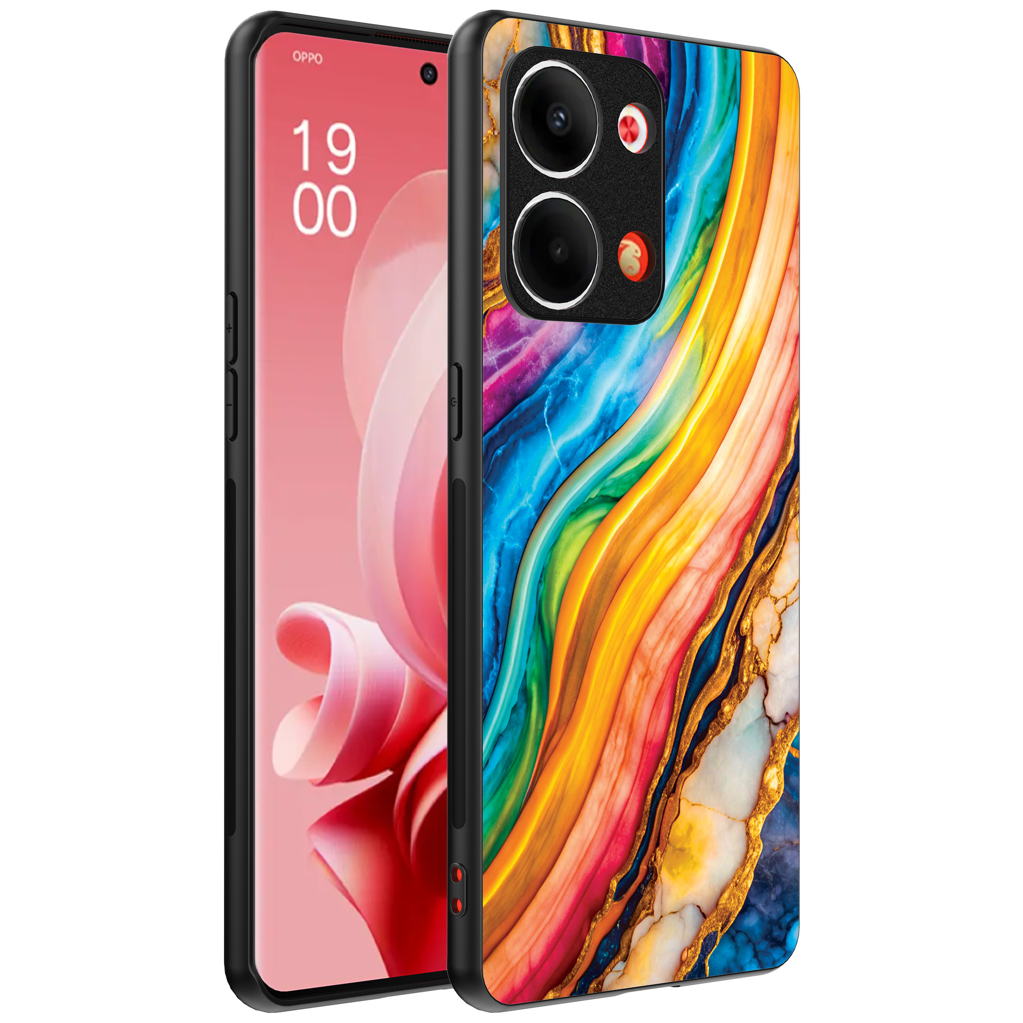 Oppo Reno 9 telefoonhoesje met regenboog goud marmer opdruk (1)