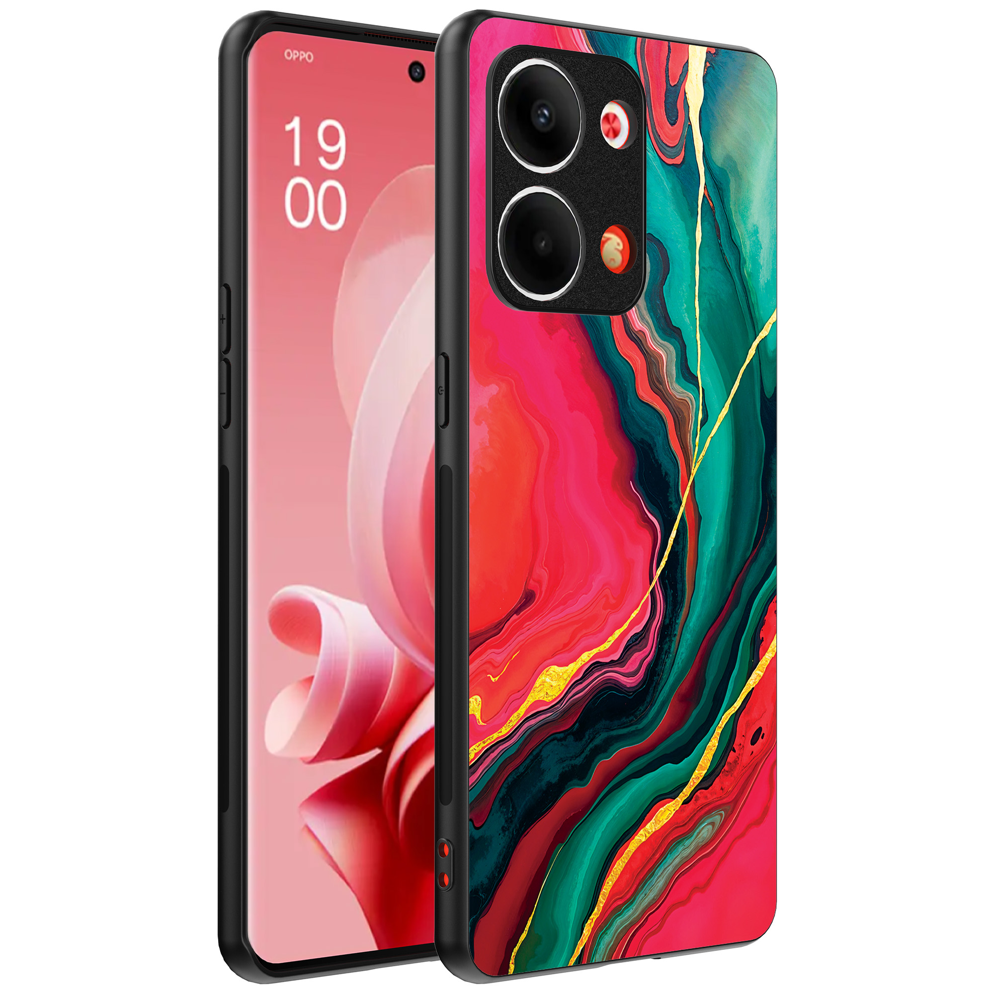 Oppo Reno 9 telefoonhoesje met rood groen marmer opdruk (1)