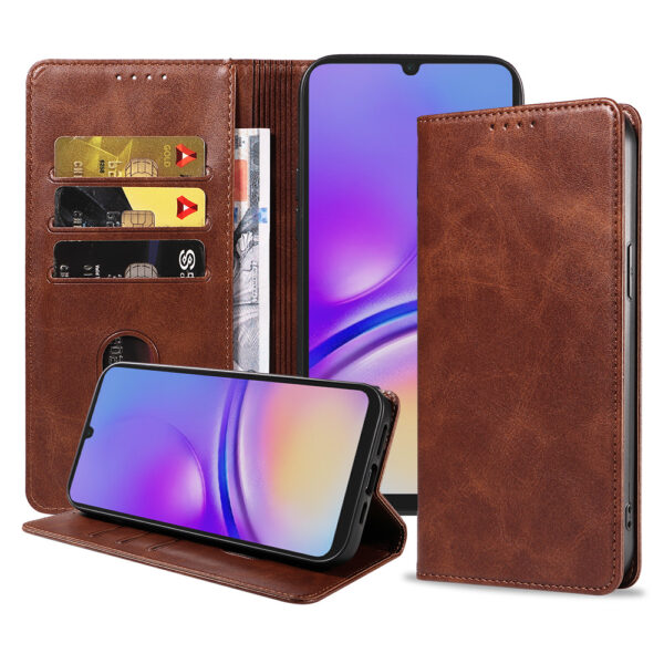 Samsung Galaxy A05 leren telefoonhoesje bookcase met pasjeshouder en magnetische sluiting (1) donkerbruin