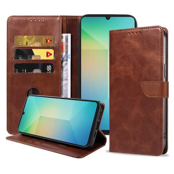 Samsung Galaxy A06 leren telefoonhoesje bookcase met pasjeshouder en magnetische lipje (1) donkerbruin