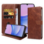 Samsung Galaxy A15 leren telefoonhoesje bookcase met pasjeshouder en magnetische lipje (1) donkerbruin