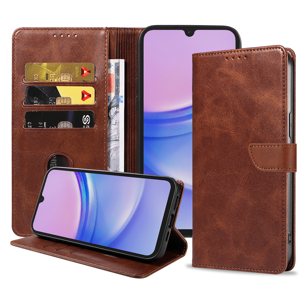 Samsung Galaxy A15 leren telefoonhoesje bookcase met pasjeshouder en magnetische lipje (1) donkerbruin