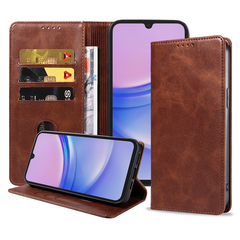 Samsung Galaxy A15 leren telefoonhoesje bookcase met pasjeshouder en magnetische sluiting (1) donkerbruin