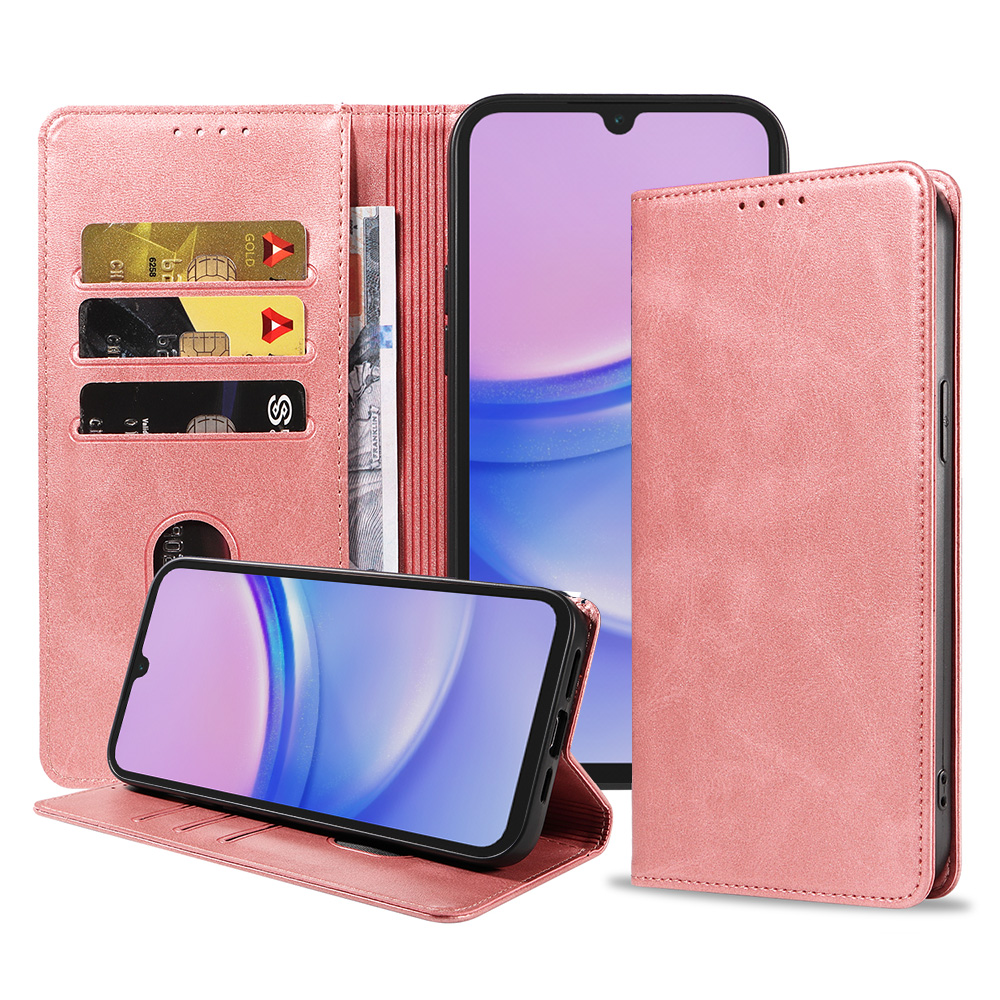 Samsung Galaxy A15 leren telefoonhoesje bookcase met pasjeshouder en magnetische sluiting (1) roze