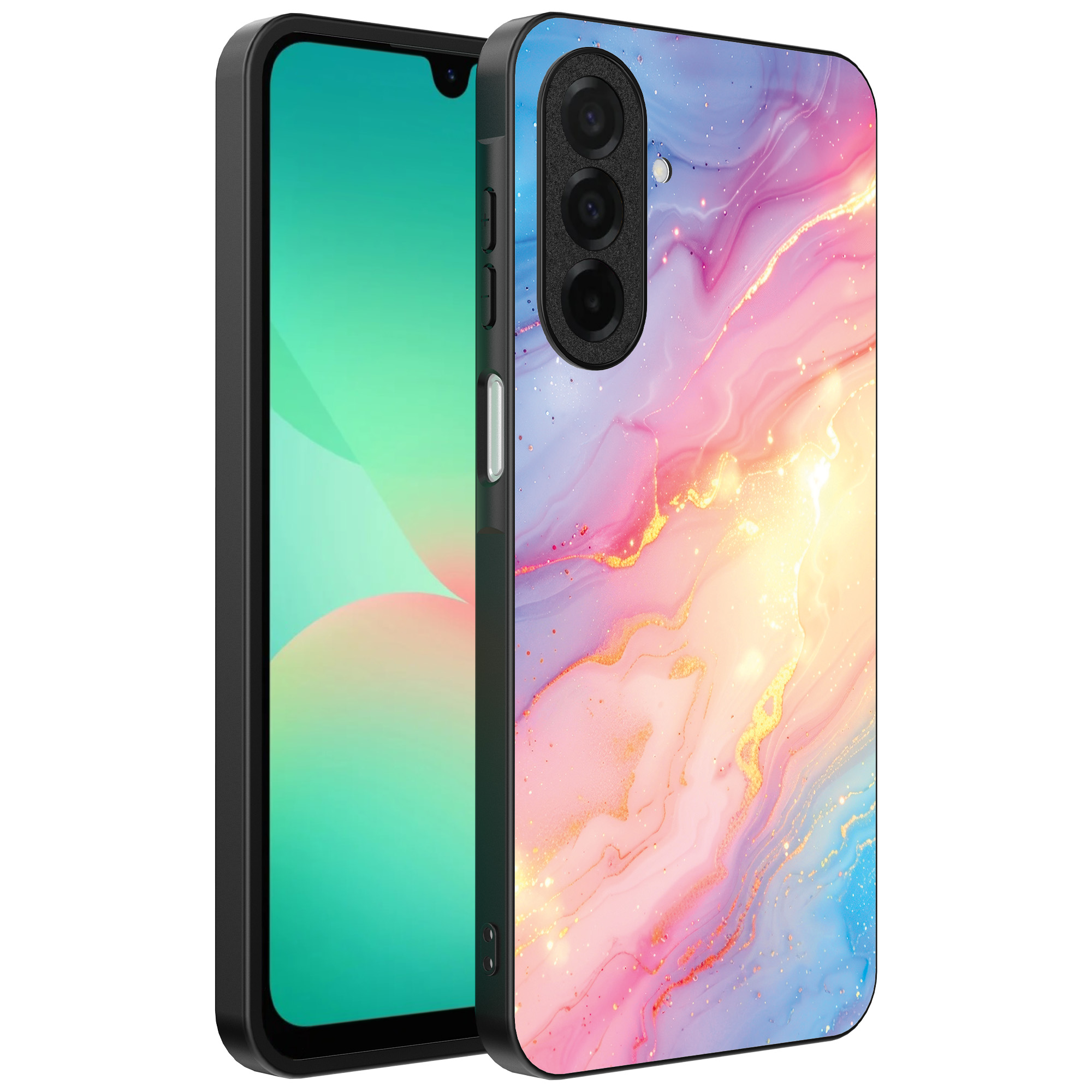 Samsung Galaxy A26 telefoonhoesje met regenboog glitter marmer opdruk (1)