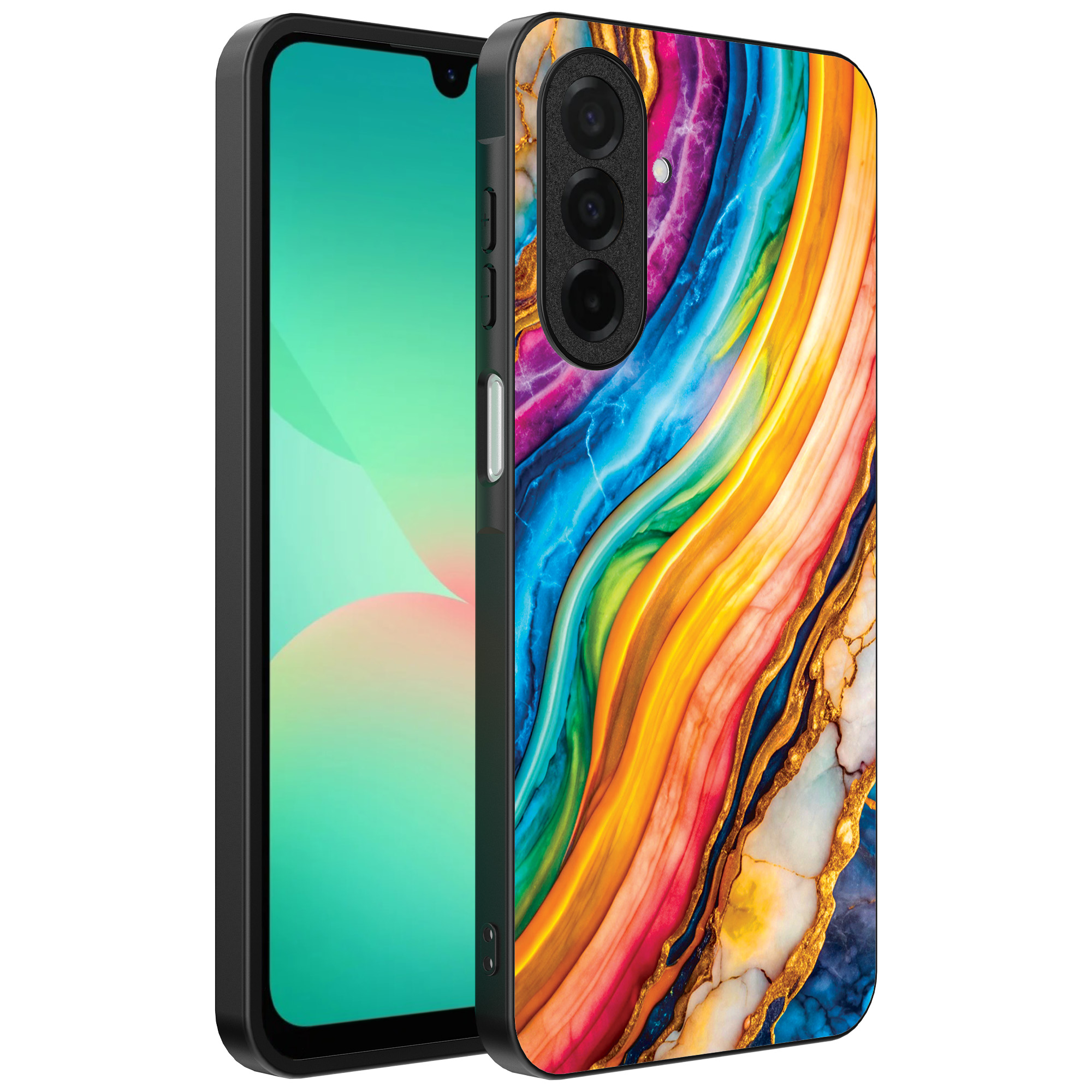 Samsung Galaxy A26 telefoonhoesje met regenboog goud marmer opdruk (1)