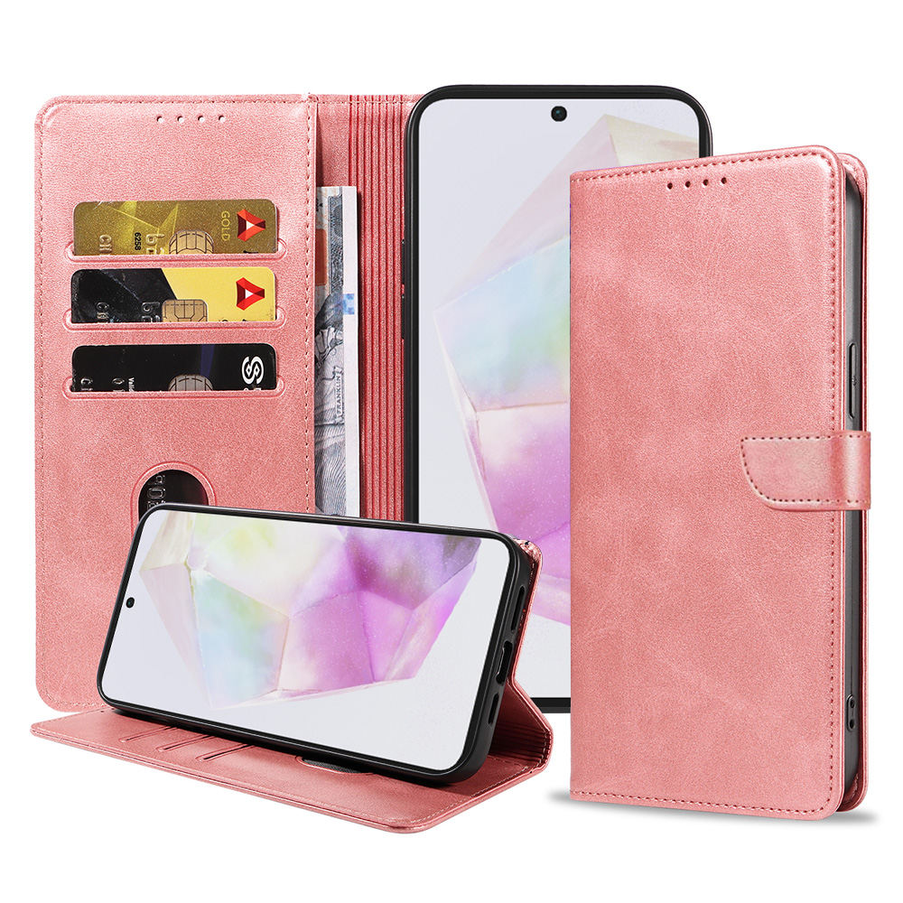 Samsung Galaxy A35 leren telefoonhoesje bookcase met pasjeshouder en magnetisch lipje (1) roze