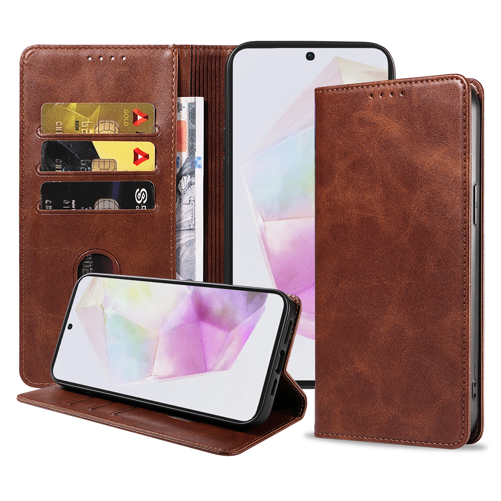 Samsung Galaxy A35 leren telefoonhoesje bookcase met pasjeshouder en magnetische sluiting (1) donkerbruin