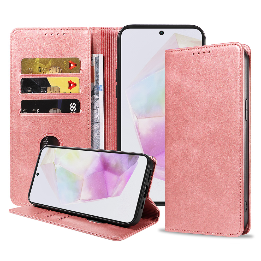 Samsung Galaxy A35 leren telefoonhoesje bookcase met pasjeshouder en magnetische sluiting (1) roze