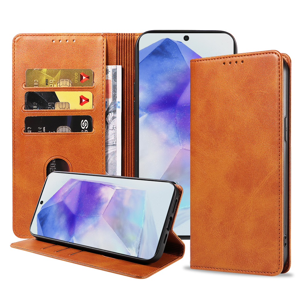 Samsung Galaxy A55 leren telefoonhoesje bookcase met pasjeshouder en magnetisch lipje (1) bruin