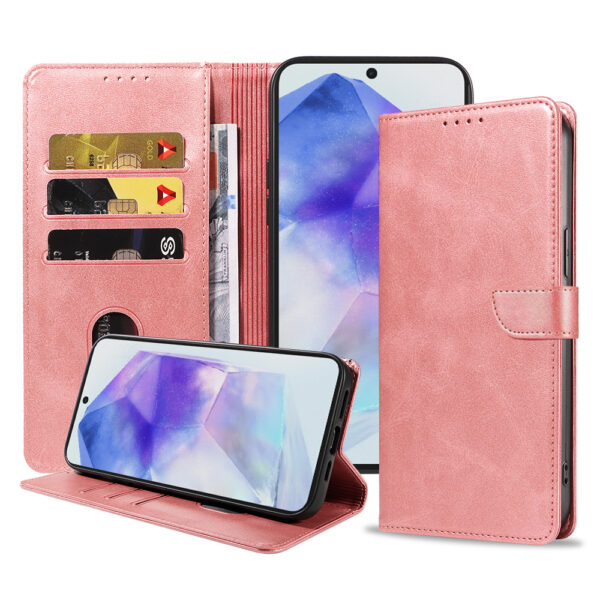 Samsung Galaxy A55 leren telefoonhoesje bookcase met pasjeshouder en magnetisch lipje (1) roze