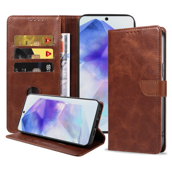 Samsung Galaxy A55 leren telefoonhoesje bookcase met pasjeshouder en magnetische lipje (1) donkerbruin
