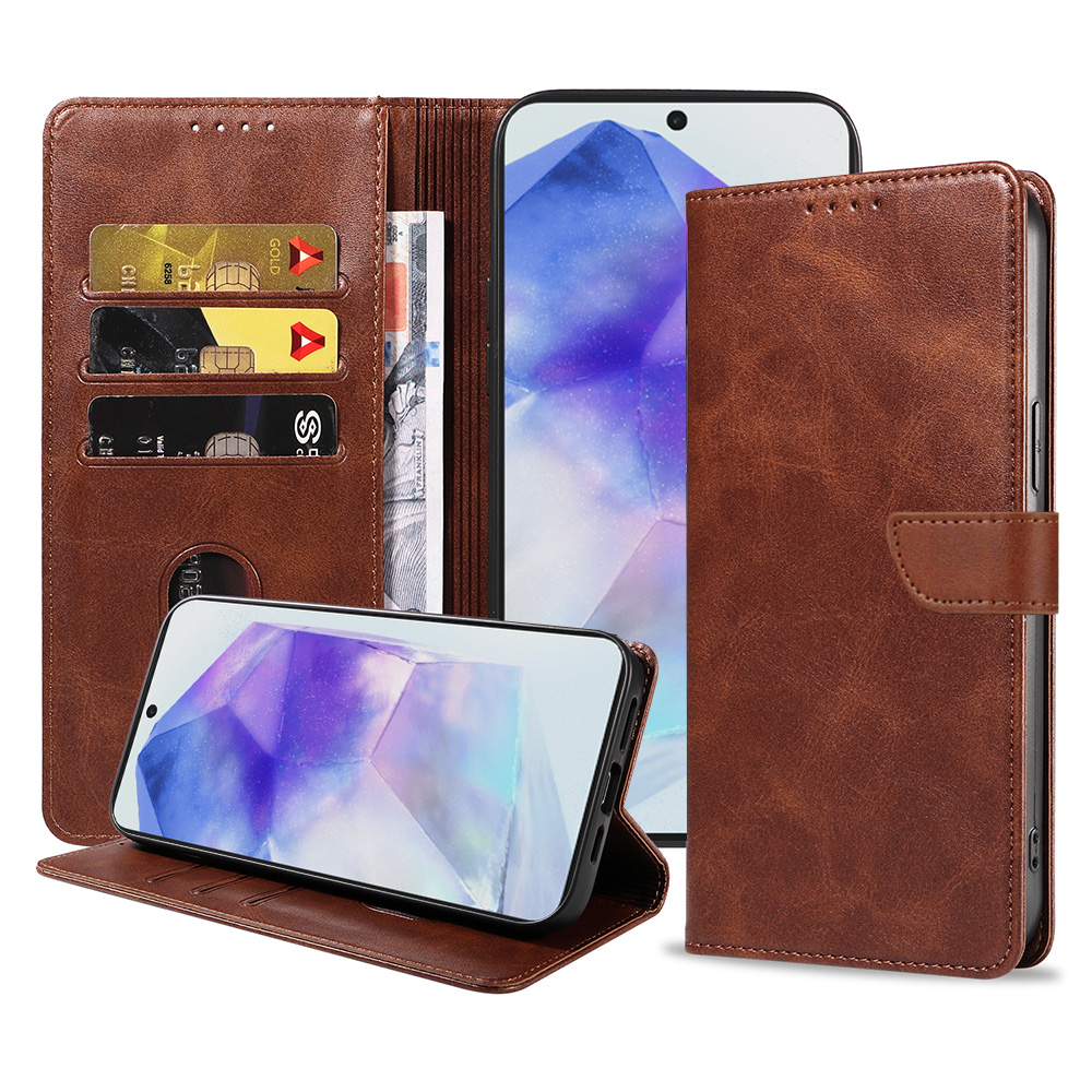 Samsung Galaxy A55 leren telefoonhoesje bookcase met pasjeshouder en magnetische lipje (1) donkerbruin