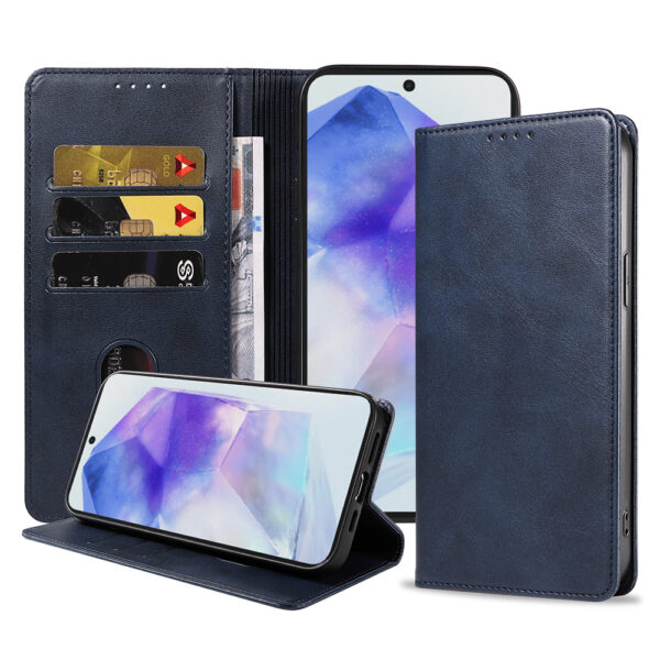 Samsung Galaxy A55 leren telefoonhoesje bookcase met pasjeshouder en magnetische sluiting (1) Blauw