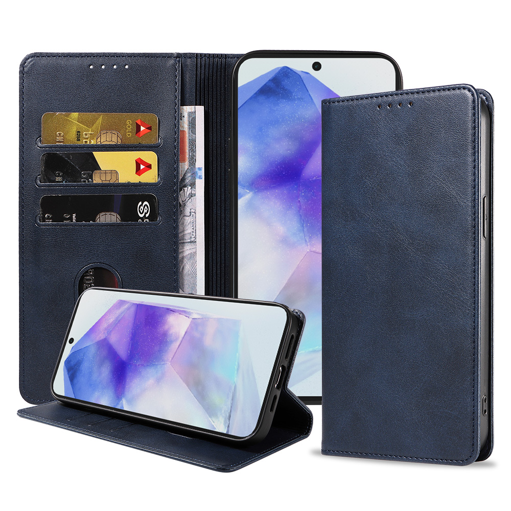 Samsung Galaxy A55 leren telefoonhoesje bookcase met pasjeshouder en magnetische sluiting (1) Blauw