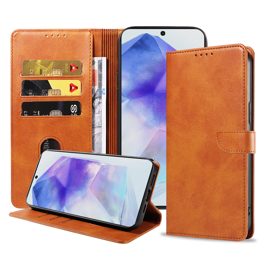 Samsung Galaxy A55 leren telefoonhoesje bookcase met pasjeshouder en magnetische sluiting (1) bruin