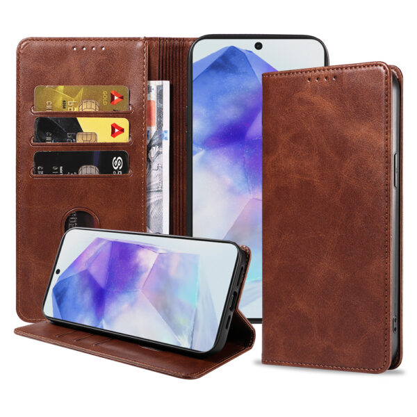 Samsung Galaxy A55 leren telefoonhoesje bookcase met pasjeshouder en magnetische sluiting (1) donkerbruin