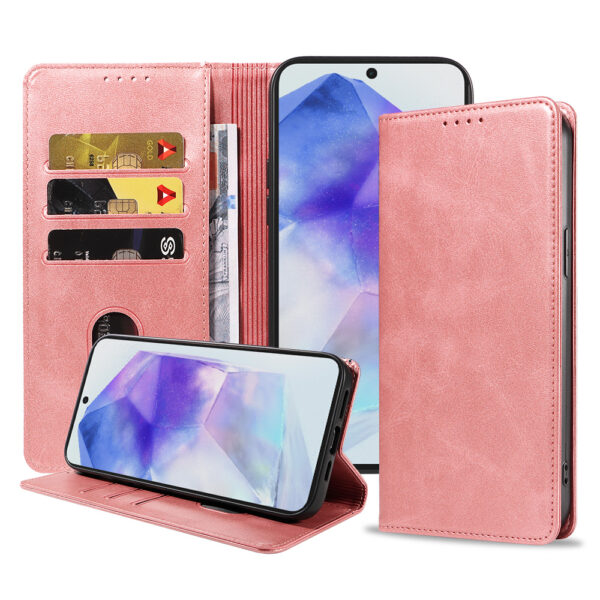 Samsung Galaxy A55 leren telefoonhoesje bookcase met pasjeshouder en magnetische sluiting (1) roze
