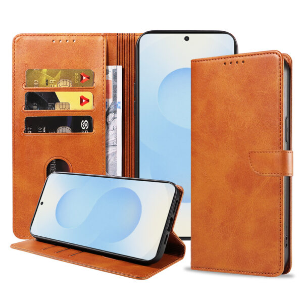Samsung Galaxy S25 Plus leren telefoonhoesje bookcase met pasjeshouder en magnetisch lipje (1) bruin
