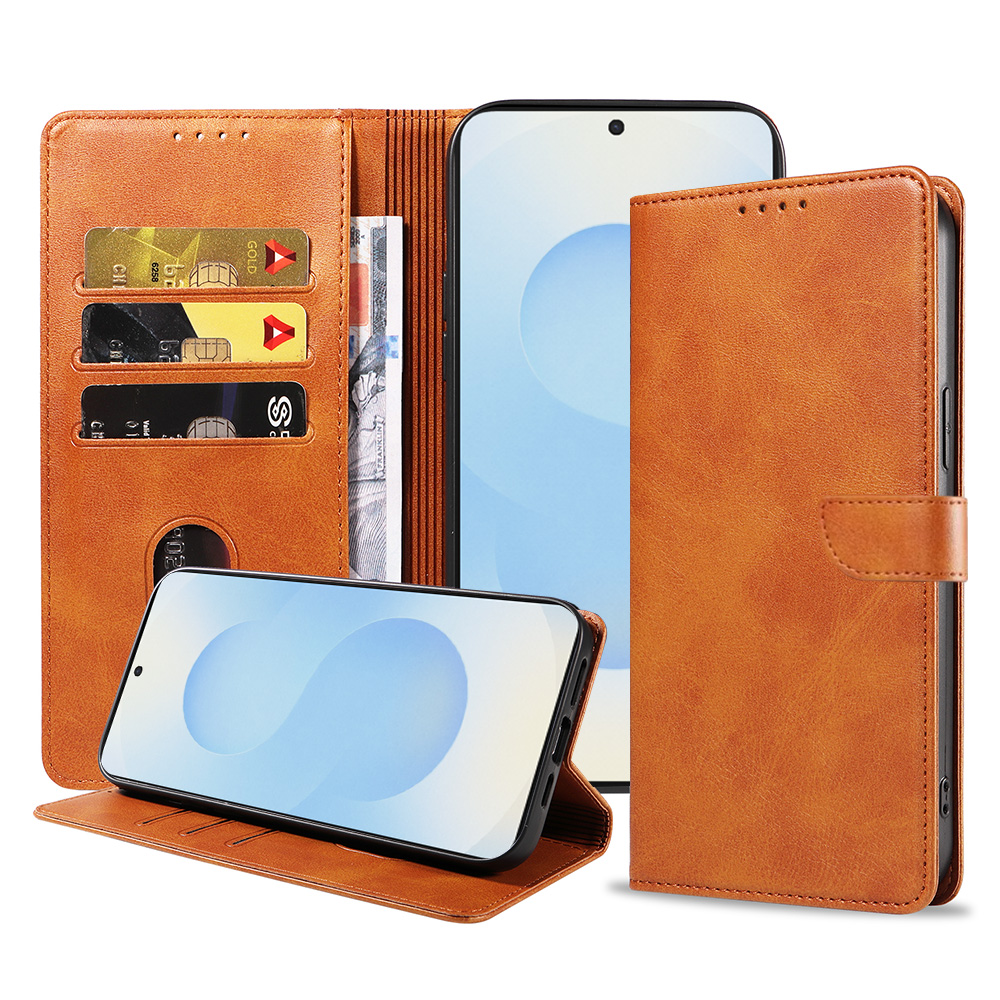 Samsung Galaxy S25 Plus leren telefoonhoesje bookcase met pasjeshouder en magnetisch lipje (1) bruin