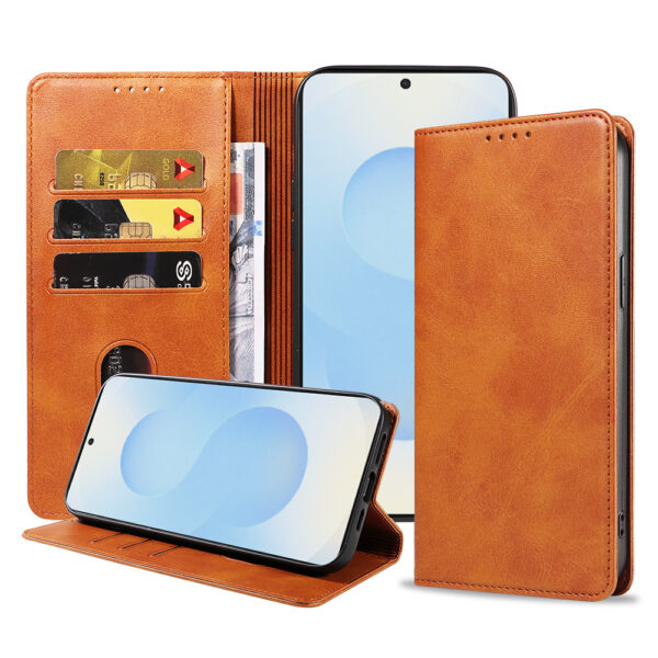 Samsung Galaxy S25 Plus leren telefoonhoesje bookcase met pasjeshouder en magnetische sluiting (1) bruin