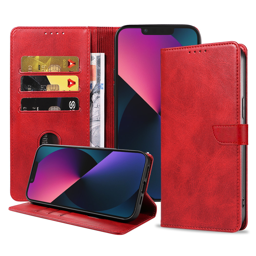 Iphone 13 Mini leren telefoonhoesje bookcase met pasjeshouder en magnetische lipje (1) rood