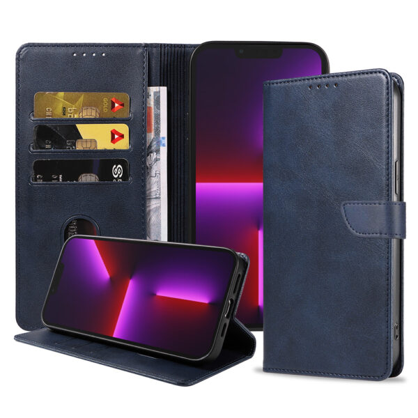 Iphone 13 Pro Max leren telefoonhoesje bookcase met pasjeshouder en magnetische lipje (1) blauw