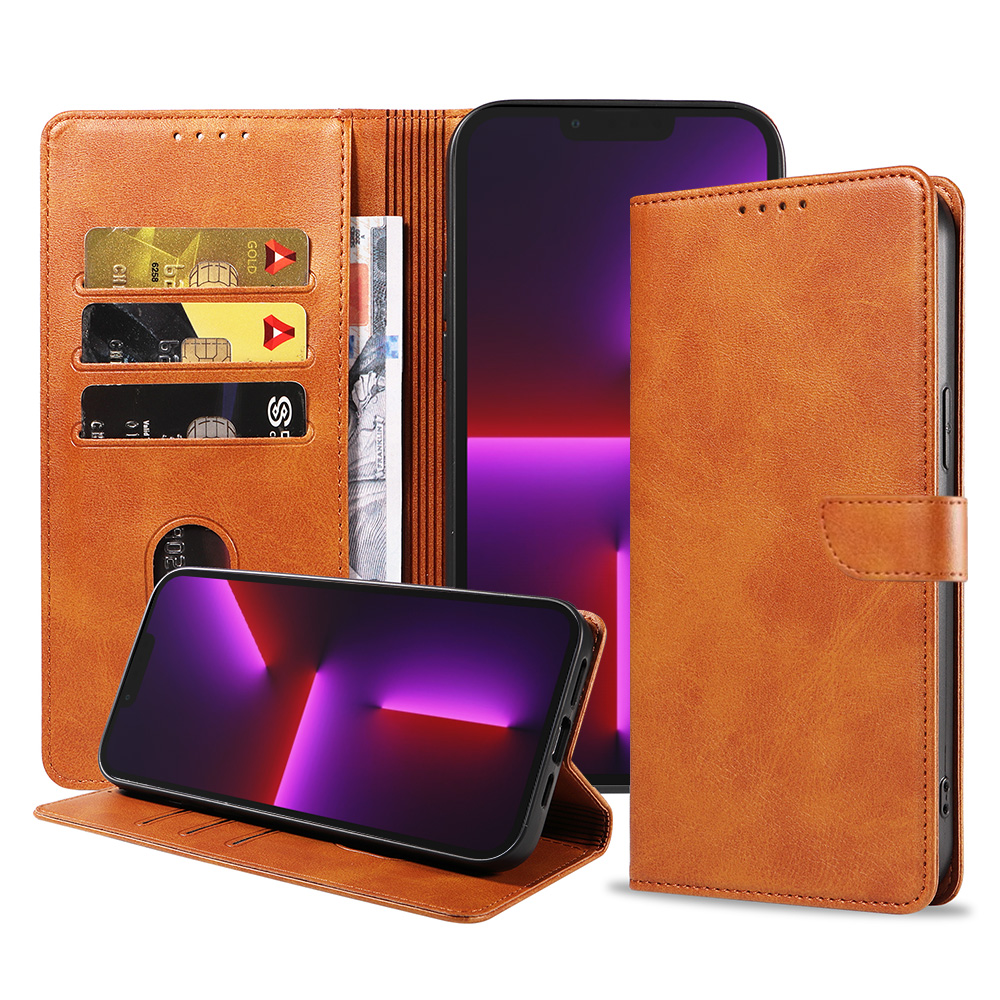 Iphone 13 Pro Max leren telefoonhoesje bookcase met pasjeshouder en magnetische lipje (1) bruin