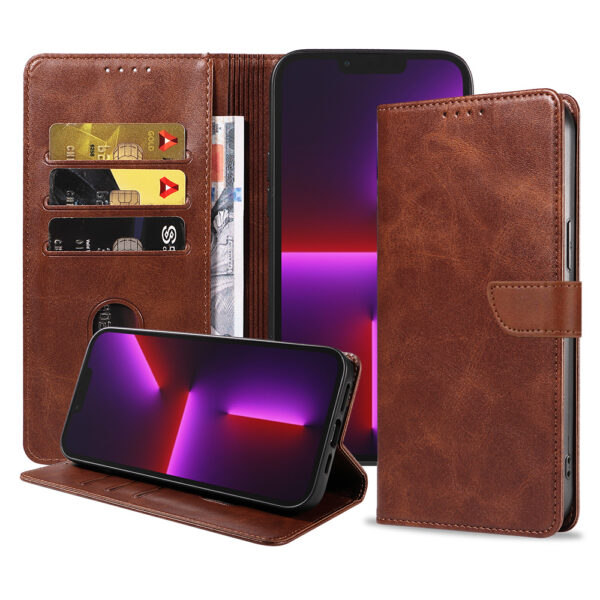 Iphone 13 Pro Max leren telefoonhoesje bookcase met pasjeshouder en magnetische lipje (1) donkerbruin