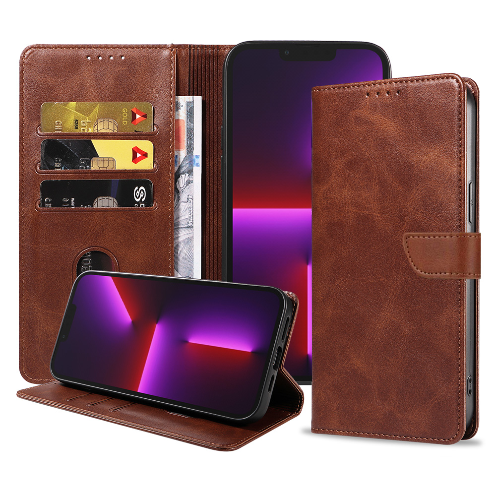 Iphone 13 Pro Max leren telefoonhoesje bookcase met pasjeshouder en magnetische lipje (1) donkerbruin