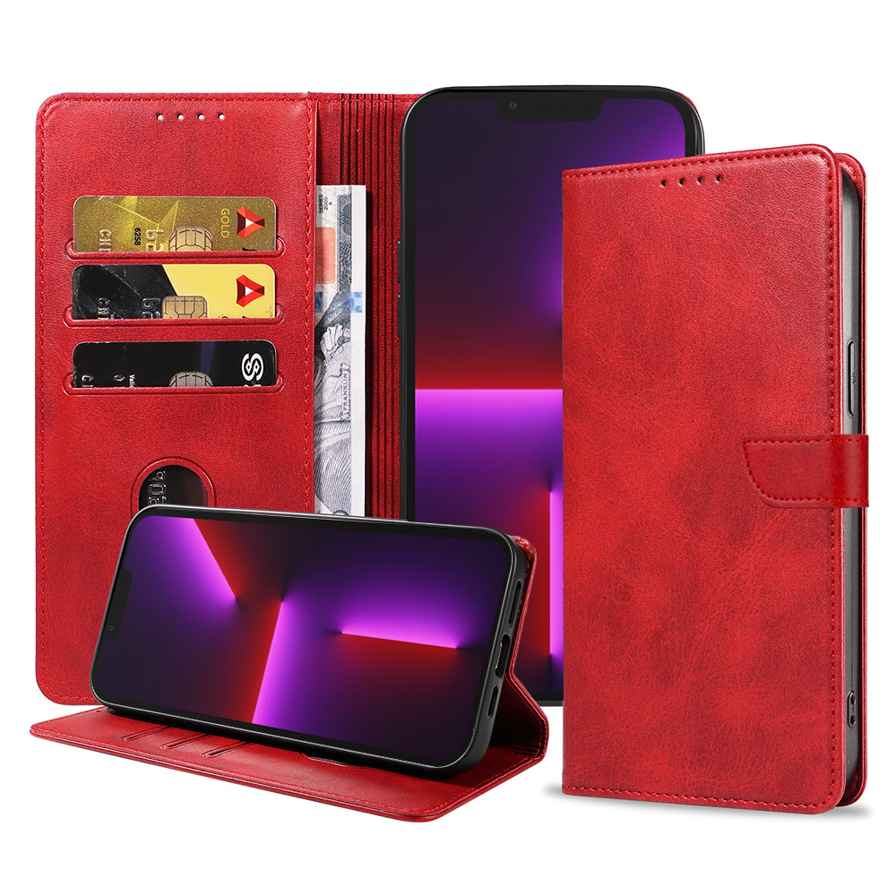 Iphone 13 Pro Max leren telefoonhoesje bookcase met pasjeshouder en magnetische lipje (1) rood
