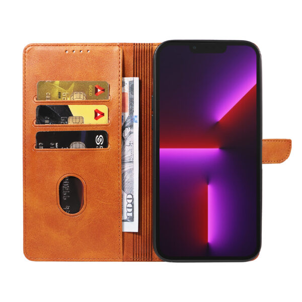 Iphone 13 Pro Max leren telefoonhoesje bookcase met pasjeshouder en magnetische lipje (2) bruin