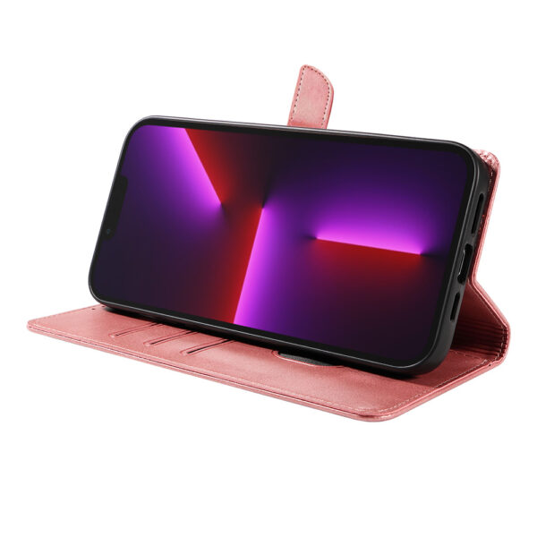Iphone 13 Pro leren telefoonhoesje bookcase met pasjeshouder en magnetische lipje (3) roze