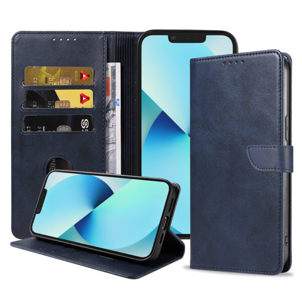 Iphone 13 leren telefoonhoesje bookcase met pasjeshouder en magnetische lipje (1) blauw