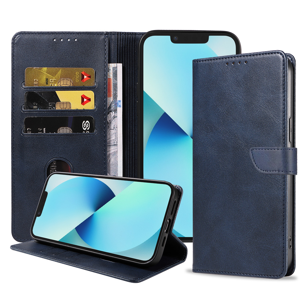 Iphone 13 leren telefoonhoesje bookcase met pasjeshouder en magnetische lipje (1) blauw