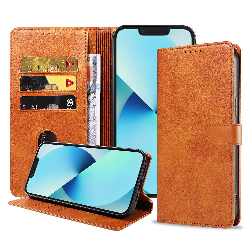 Iphone 13 leren telefoonhoesje bookcase met pasjeshouder en magnetische lipje (1) bruin