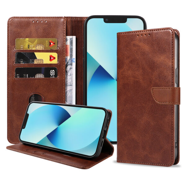 Iphone 13 leren telefoonhoesje bookcase met pasjeshouder en magnetische lipje (1) donkerbruin