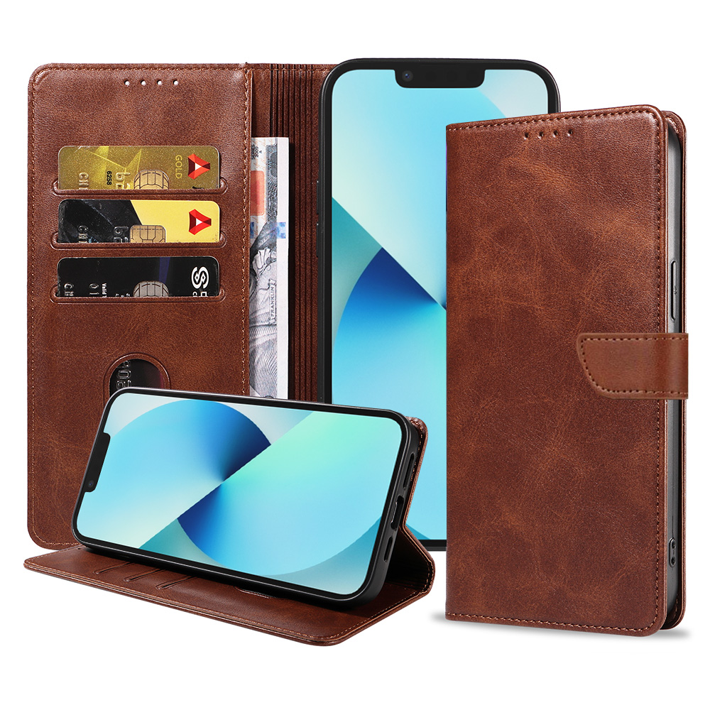 Iphone 13 leren telefoonhoesje bookcase met pasjeshouder en magnetische lipje (1) donkerbruin
