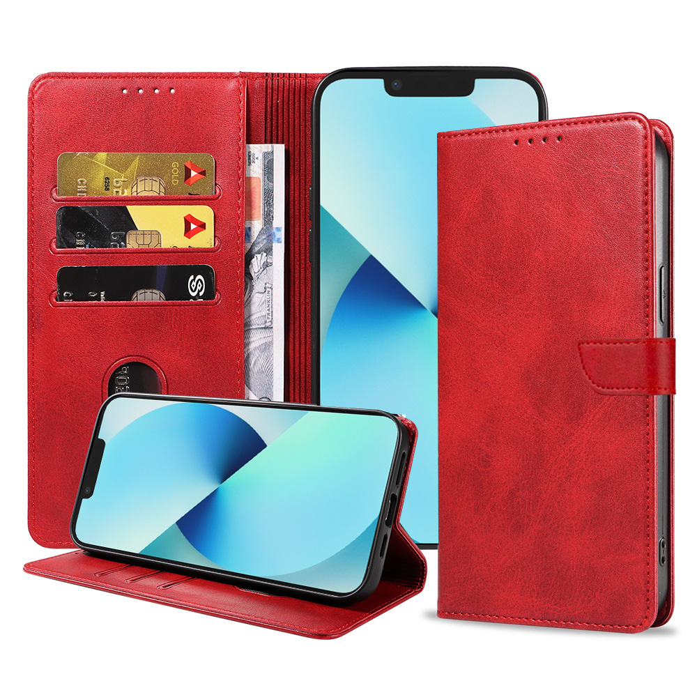 Iphone 13 leren telefoonhoesje bookcase met pasjeshouder en magnetische lipje (1) rood