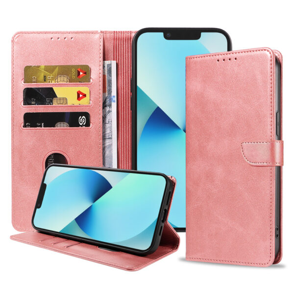 Iphone 13 leren telefoonhoesje bookcase met pasjeshouder en magnetische lipje (1) roze