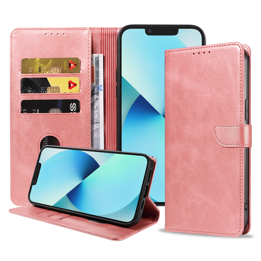 Iphone 13 leren telefoonhoesje bookcase met pasjeshouder en magnetische lipje (1) roze