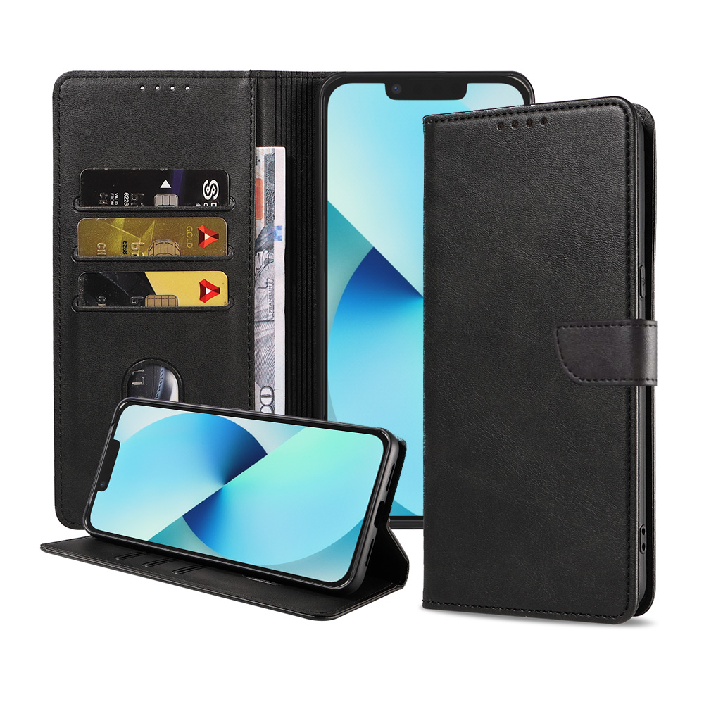 Iphone 13 leren telefoonhoesje bookcase met pasjeshouder en magnetische lipje (1) zwart