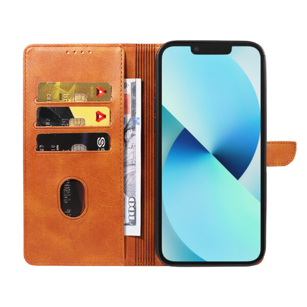 Iphone 13 leren telefoonhoesje bookcase met pasjeshouder en magnetische lipje (2) bruin