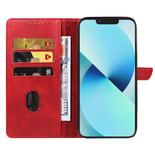 Iphone 13 leren telefoonhoesje bookcase met pasjeshouder en magnetische lipje (2) rood