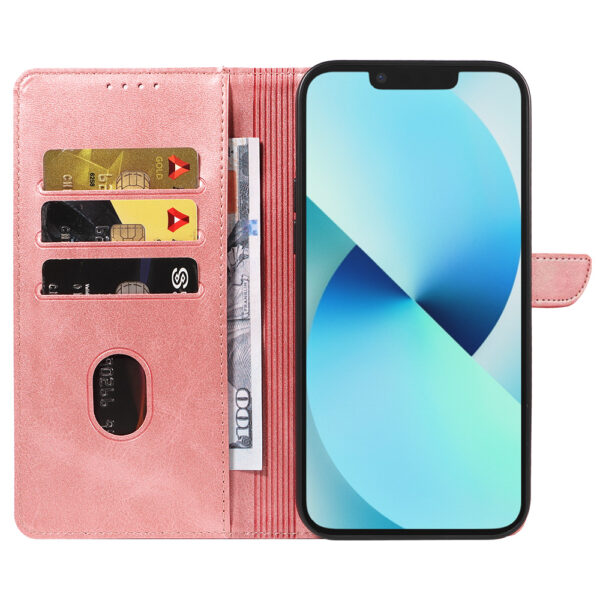 Iphone 13 leren telefoonhoesje bookcase met pasjeshouder en magnetische lipje (2) roze